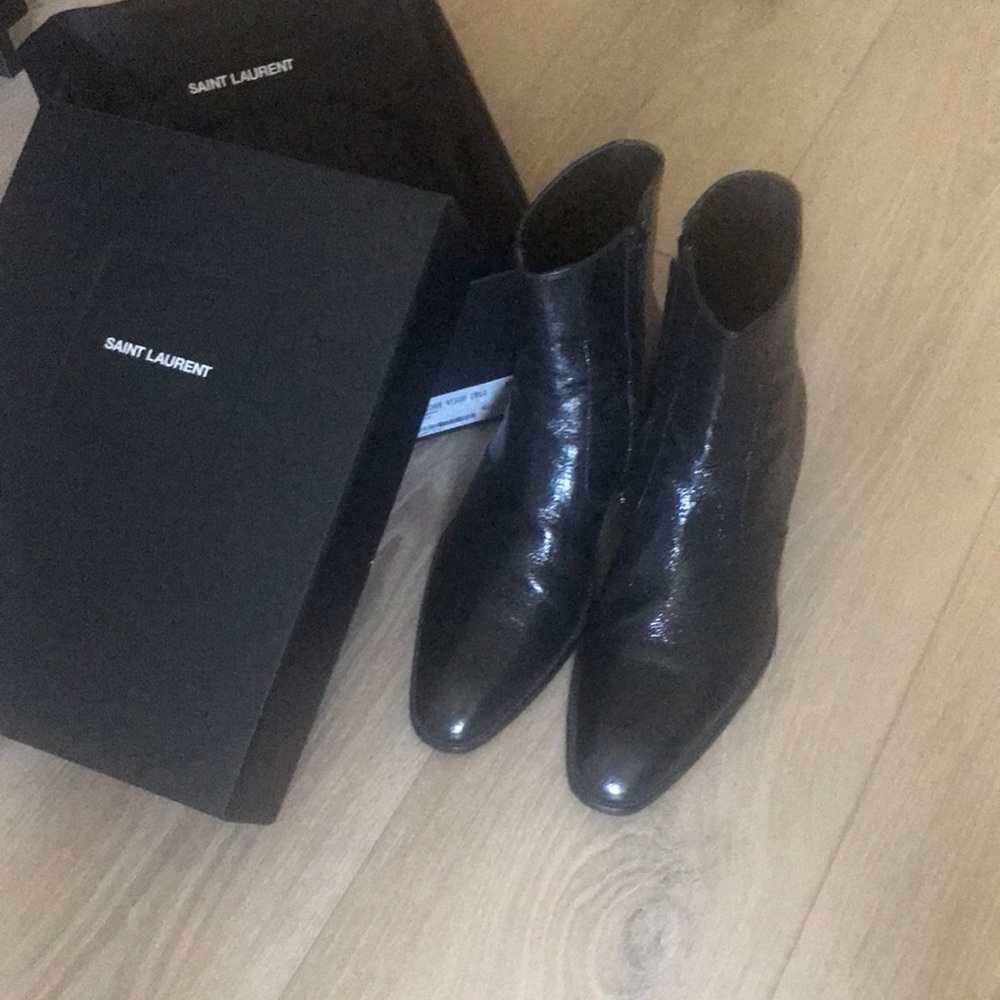 Saint Laurent side zip black leather boots—size 44/11US